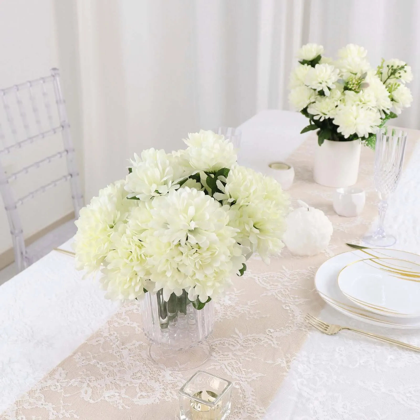 12 Bushes Cream Artificial Silk Chrysanthemum Flower Bouquets