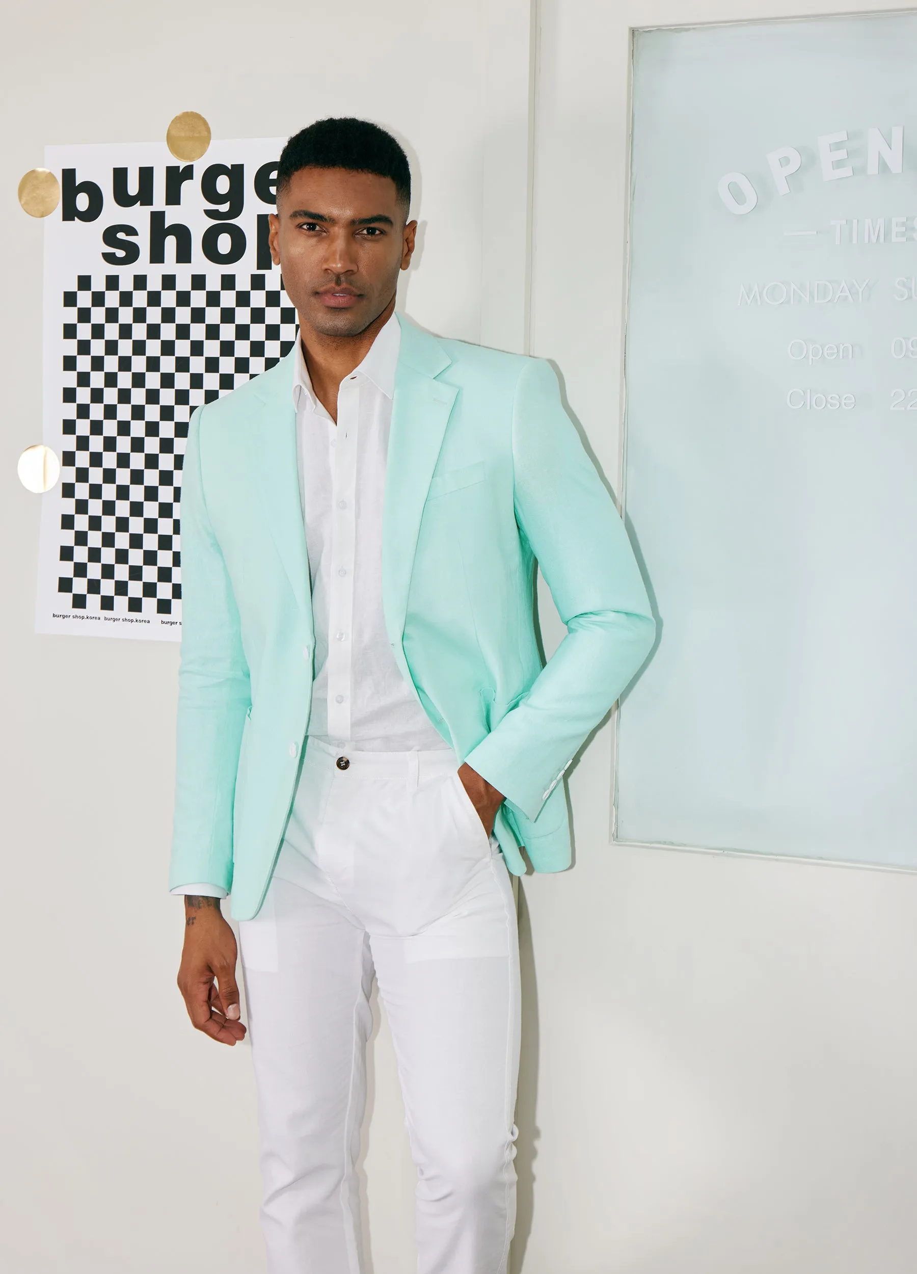 1PA1 Men's Linen Cotton Plain Lapel Two Buttons Suit Blazer