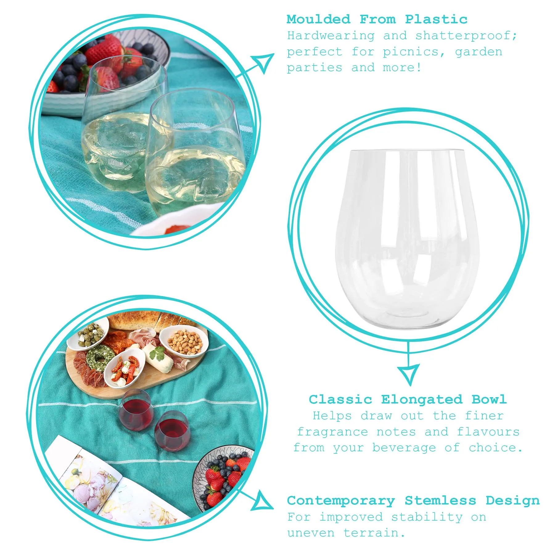 300ml Reusable Plastic Stemless Wine Glasses - Pack of 6 - By Argon Tableware