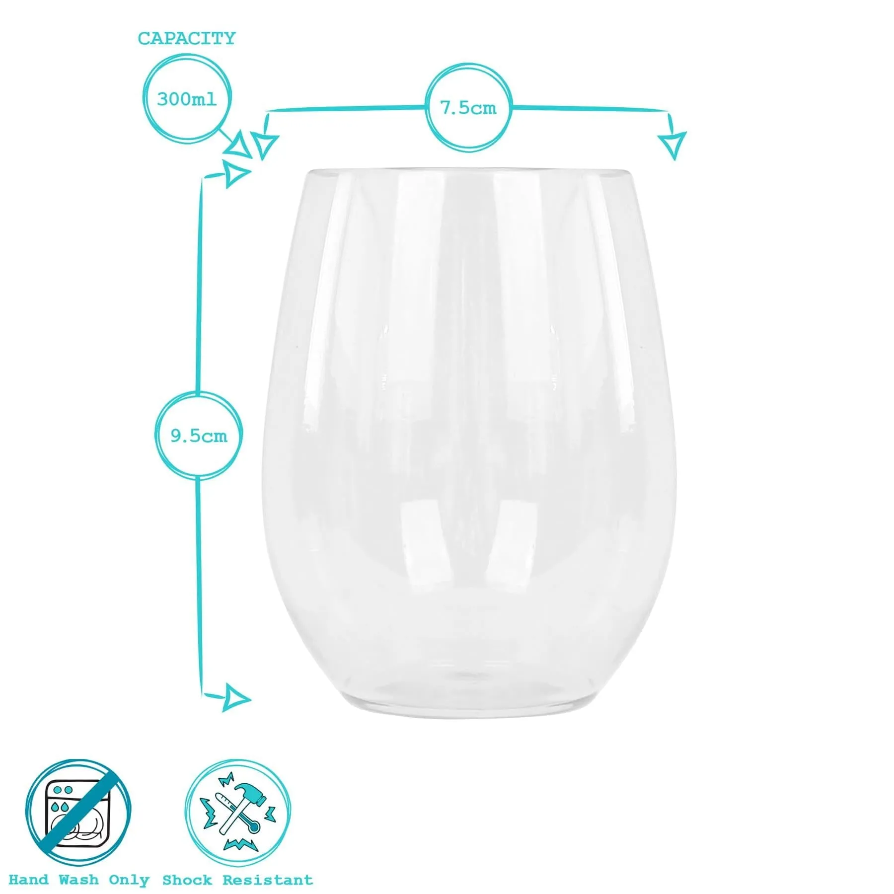 300ml Reusable Plastic Stemless Wine Glasses - Pack of 6 - By Argon Tableware