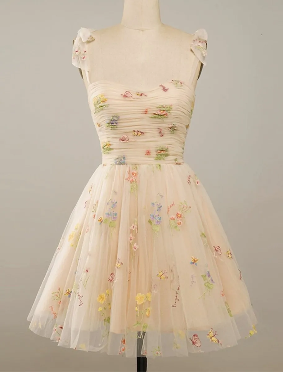 A-Line Homecoming Dresses Floral Dress Party Wear Short / Mini Sleeveless Spaghetti Strap Tulle with Embroidery