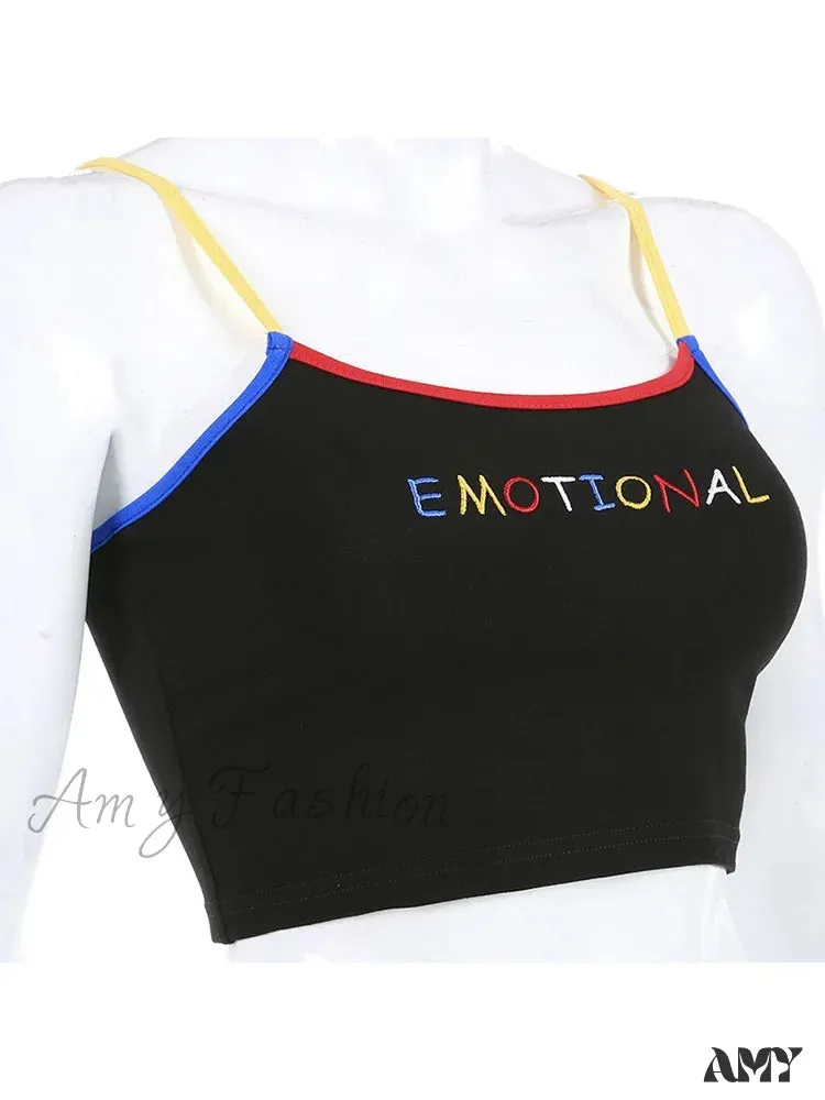 AMY - Cropped Spaghetti Strap Eomtional Letter Tank Tops Crop Top
