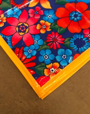 Betty's Bunch Navy Oilcloth Tablecloths with Solid Yellow Trim