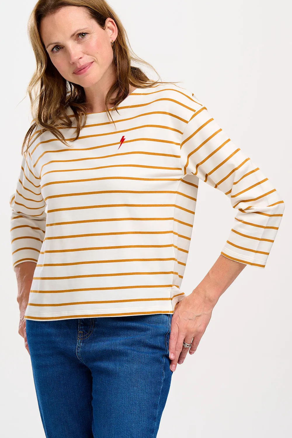 Billie Breton Top - Off White/Tan, Lightning Strike