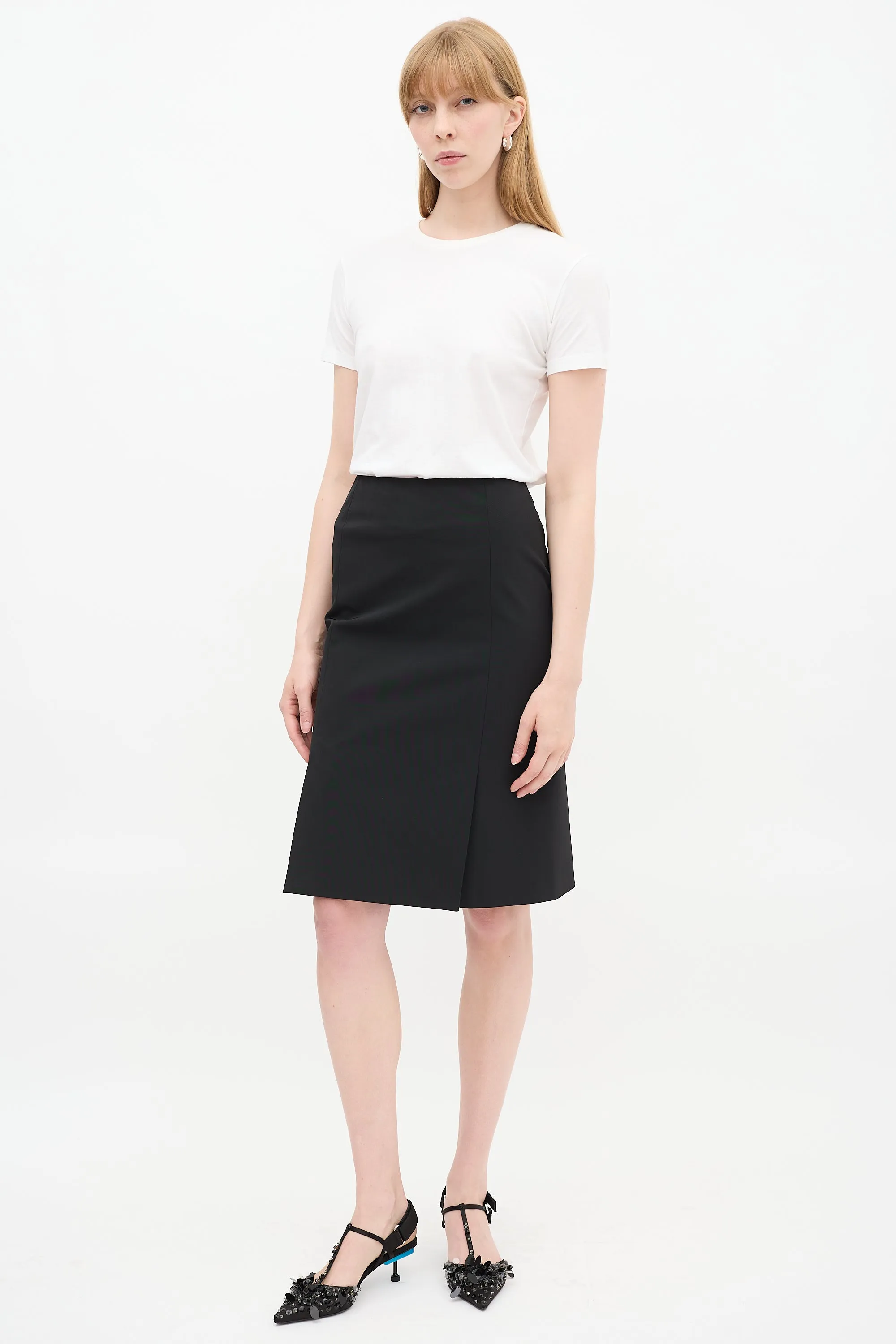 Black Double Vent Midi Pencil Skirt