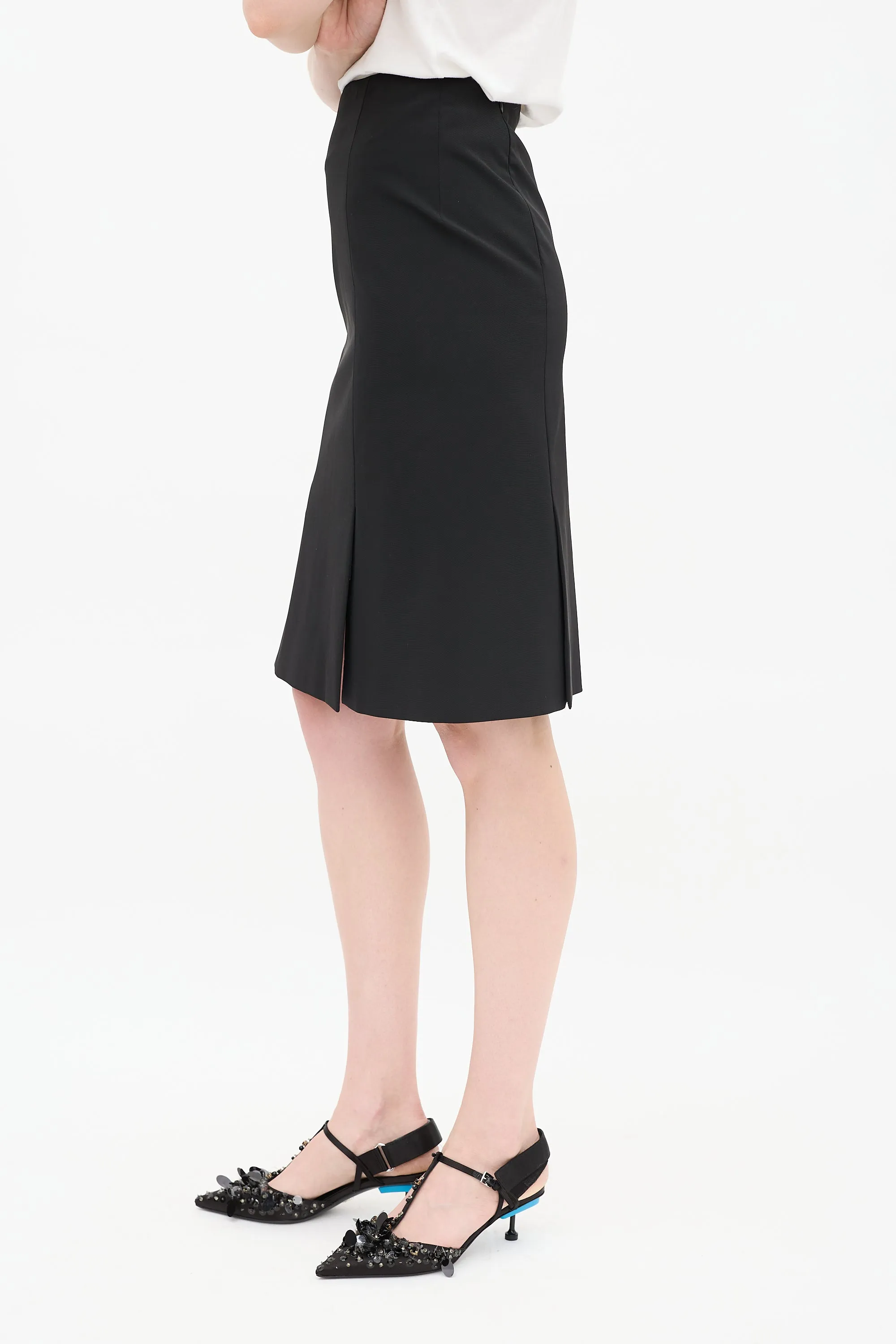 Black Double Vent Midi Pencil Skirt