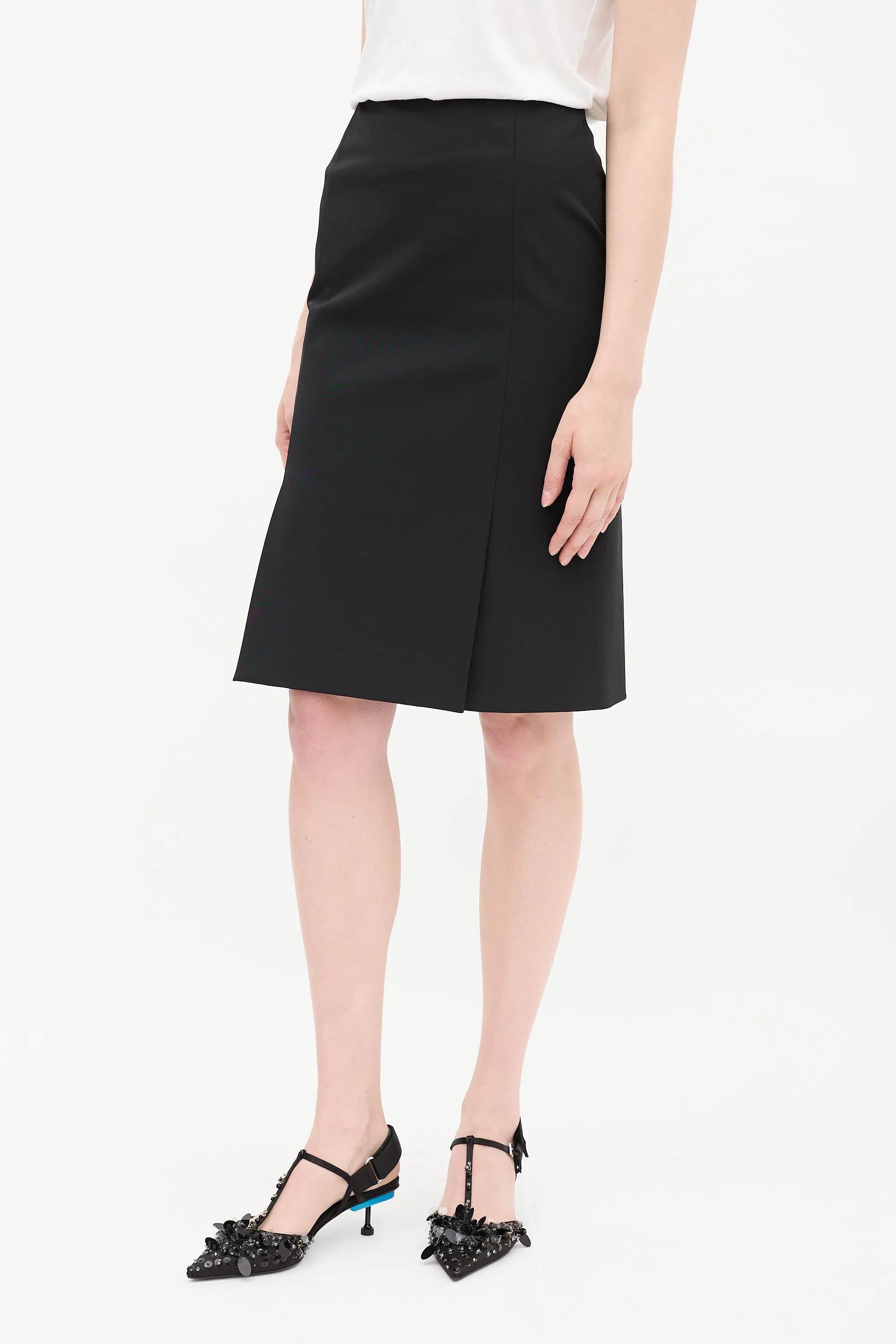 Black Double Vent Midi Pencil Skirt