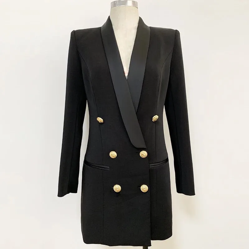 BLACK SATIN COLLAR BLAZER DRESS WITH GOLD BUTTONS