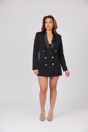BLACK SATIN COLLAR BLAZER DRESS WITH GOLD BUTTONS