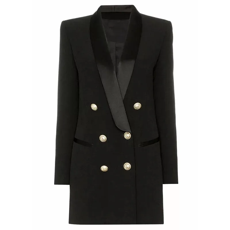 BLACK SATIN COLLAR BLAZER DRESS WITH GOLD BUTTONS