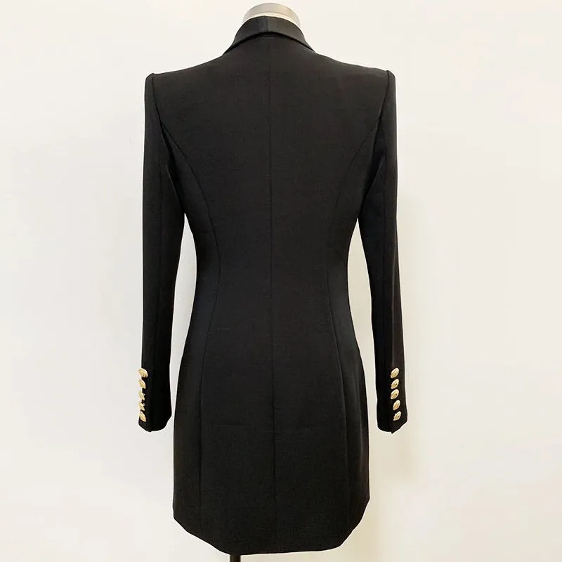 BLACK SATIN COLLAR BLAZER DRESS WITH GOLD BUTTONS