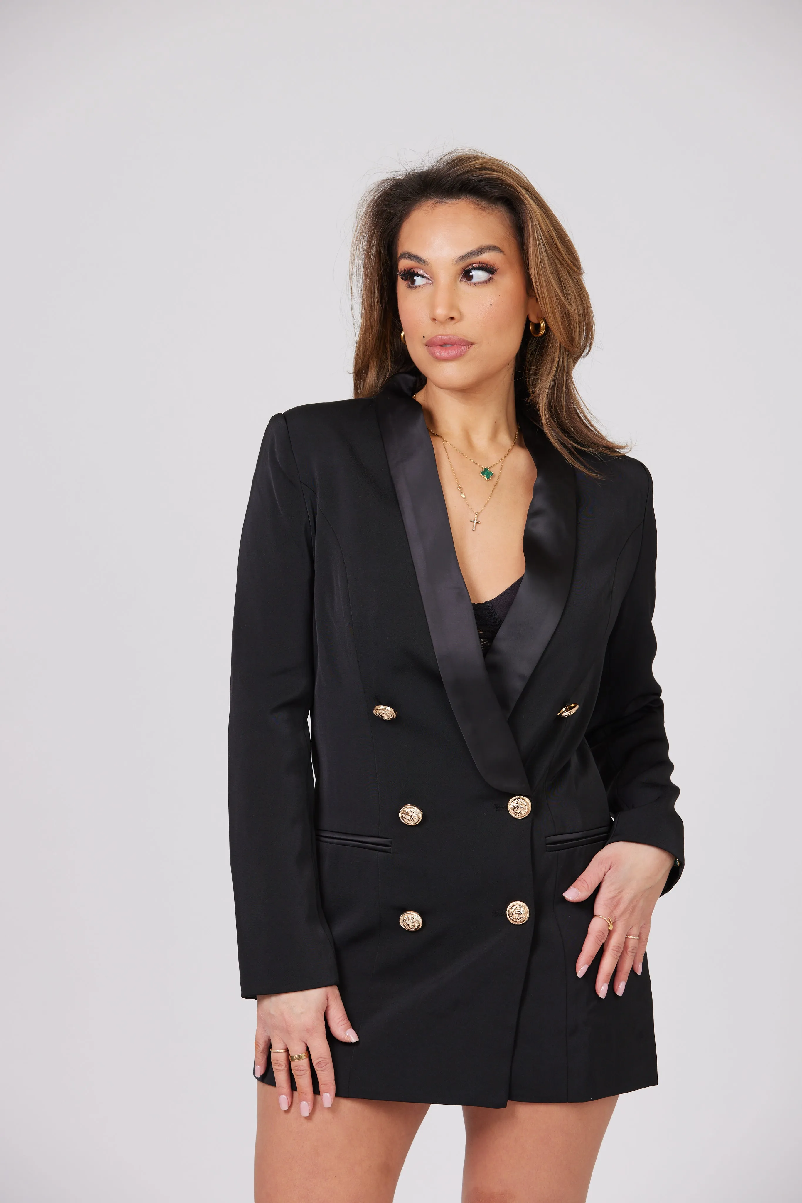 BLACK SATIN COLLAR BLAZER DRESS WITH GOLD BUTTONS