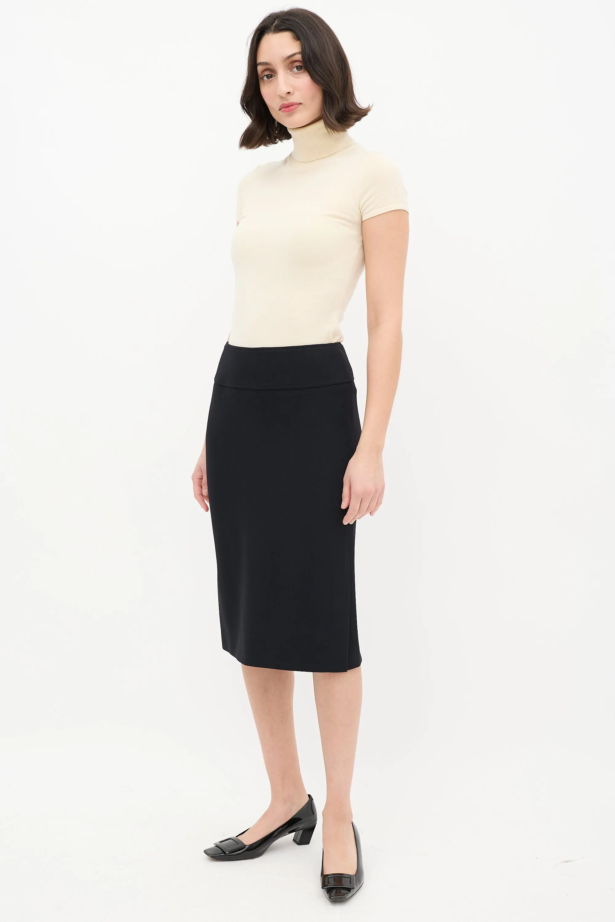 Black Wool & Nylon Side Vent Midi Skirt