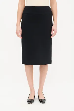 Black Wool & Nylon Side Vent Midi Skirt