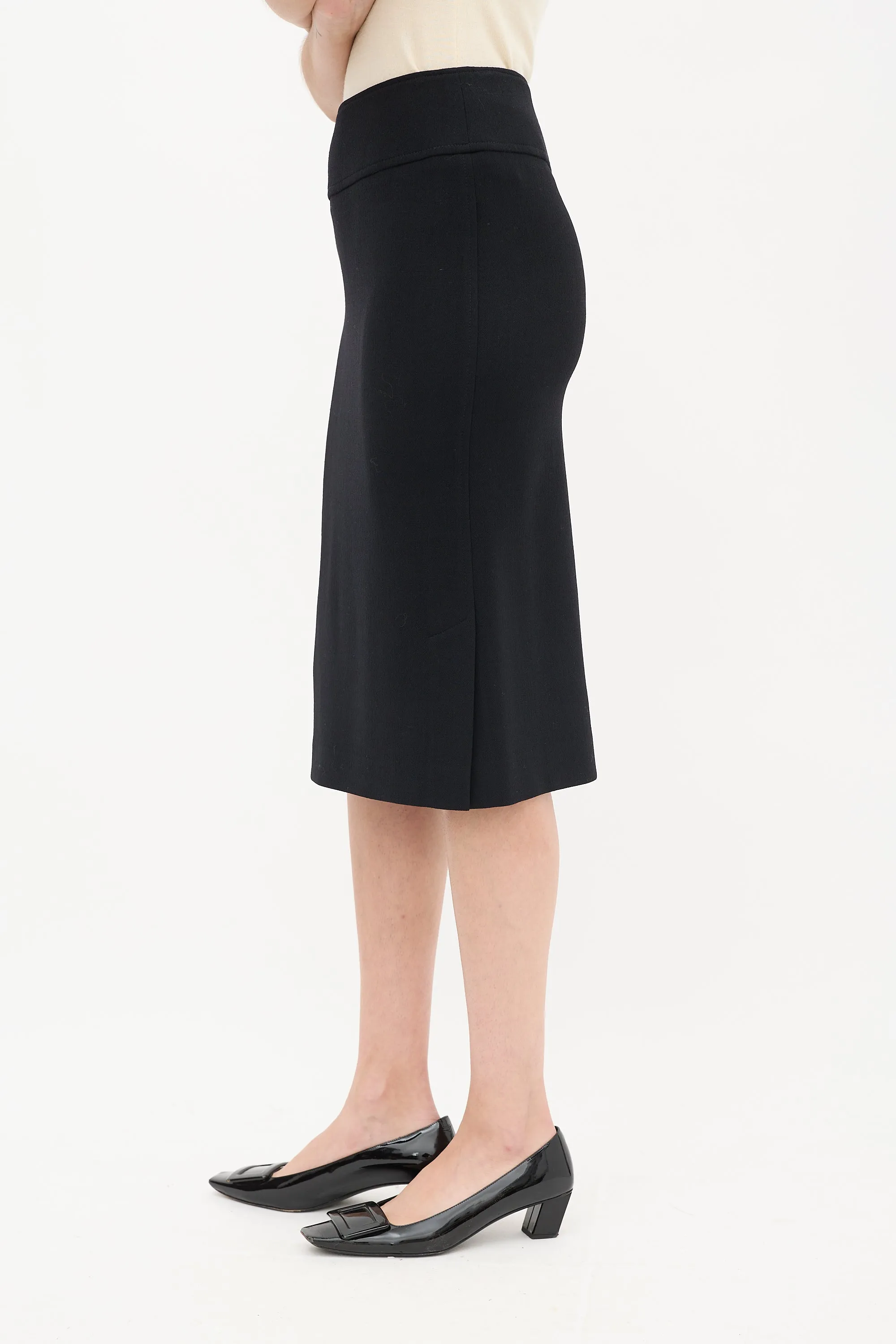 Black Wool & Nylon Side Vent Midi Skirt