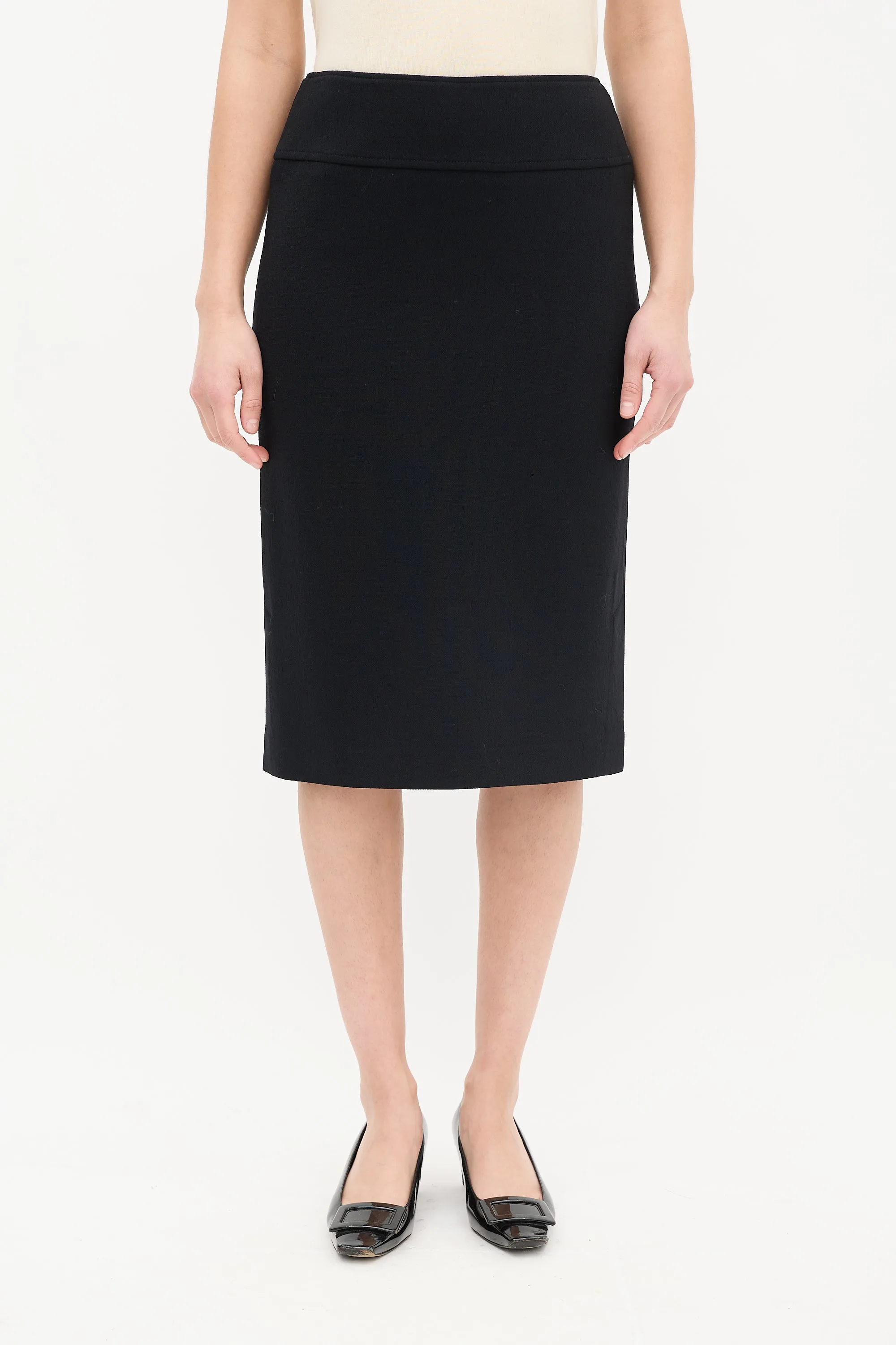 Black Wool & Nylon Side Vent Midi Skirt