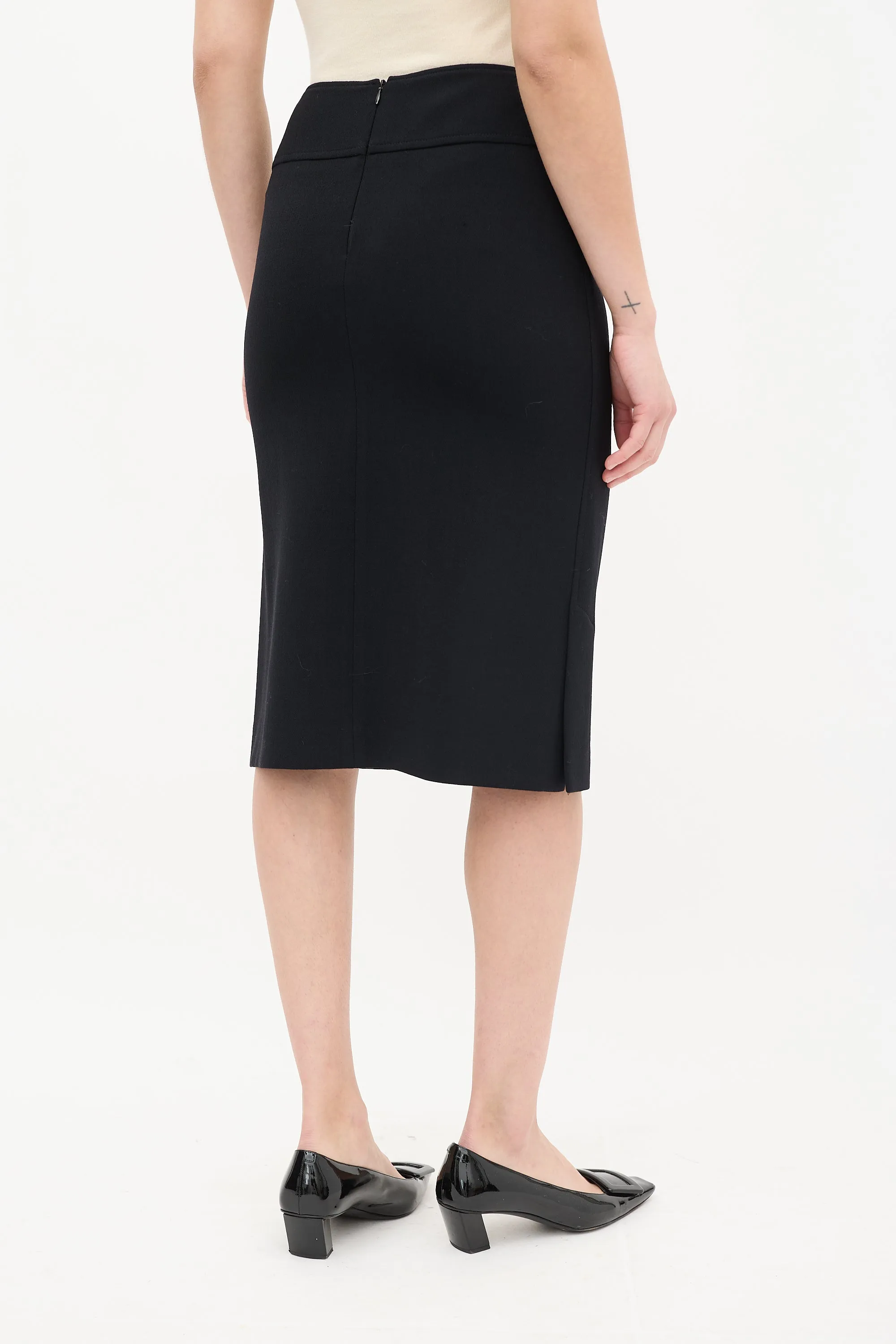 Black Wool & Nylon Side Vent Midi Skirt