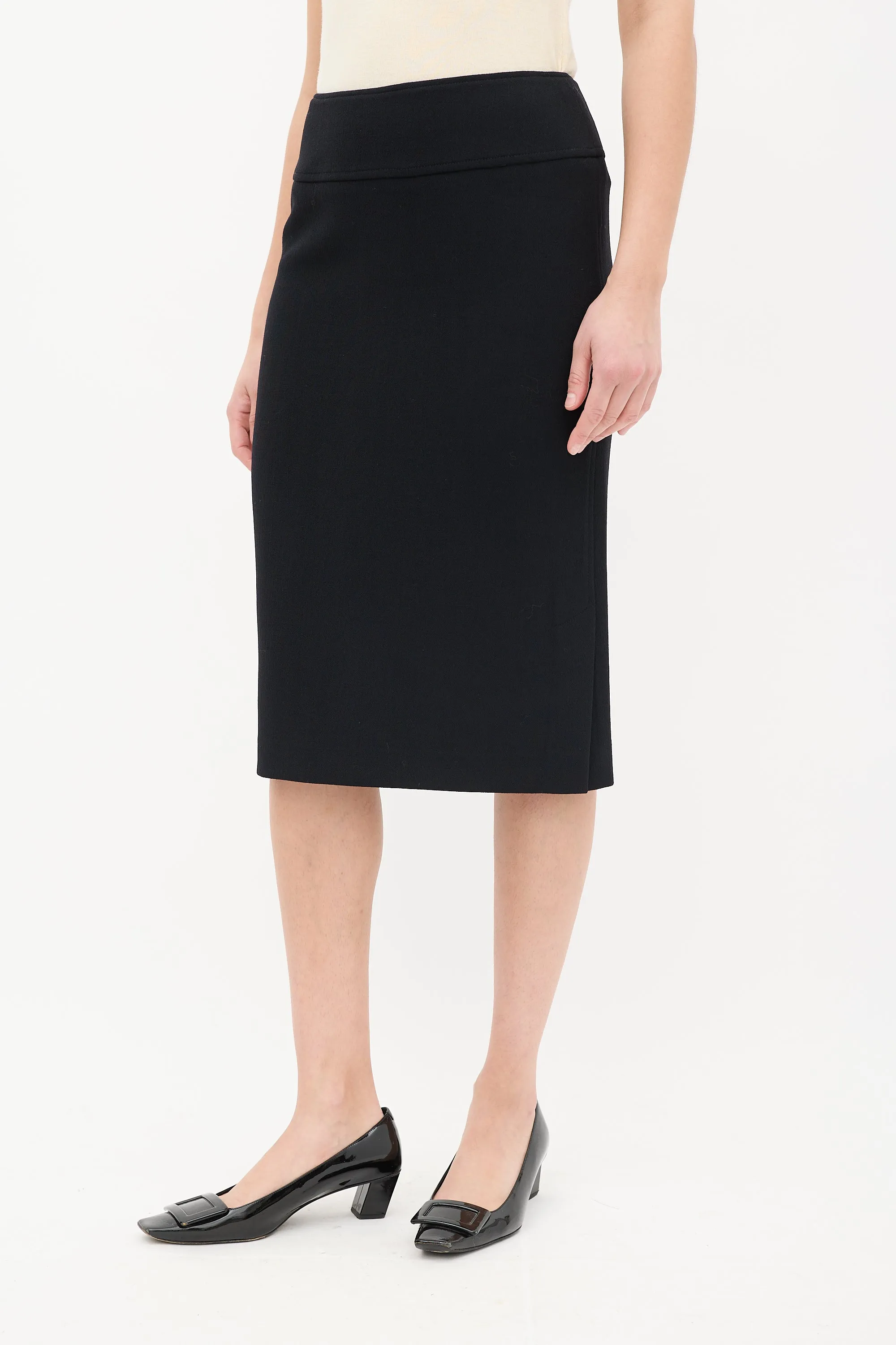 Black Wool & Nylon Side Vent Midi Skirt