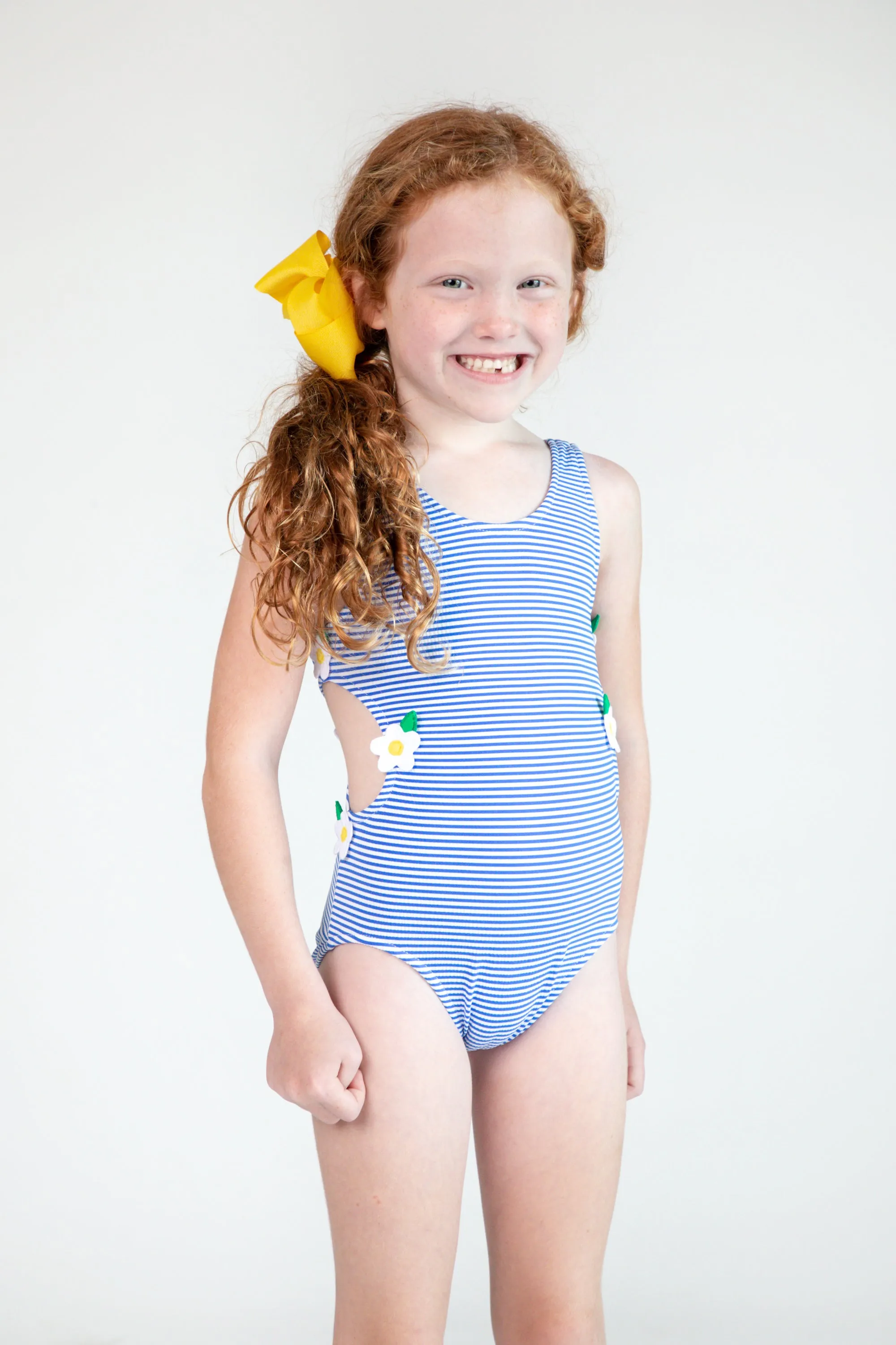 Blue Seersucker Swimsuit with Flowers