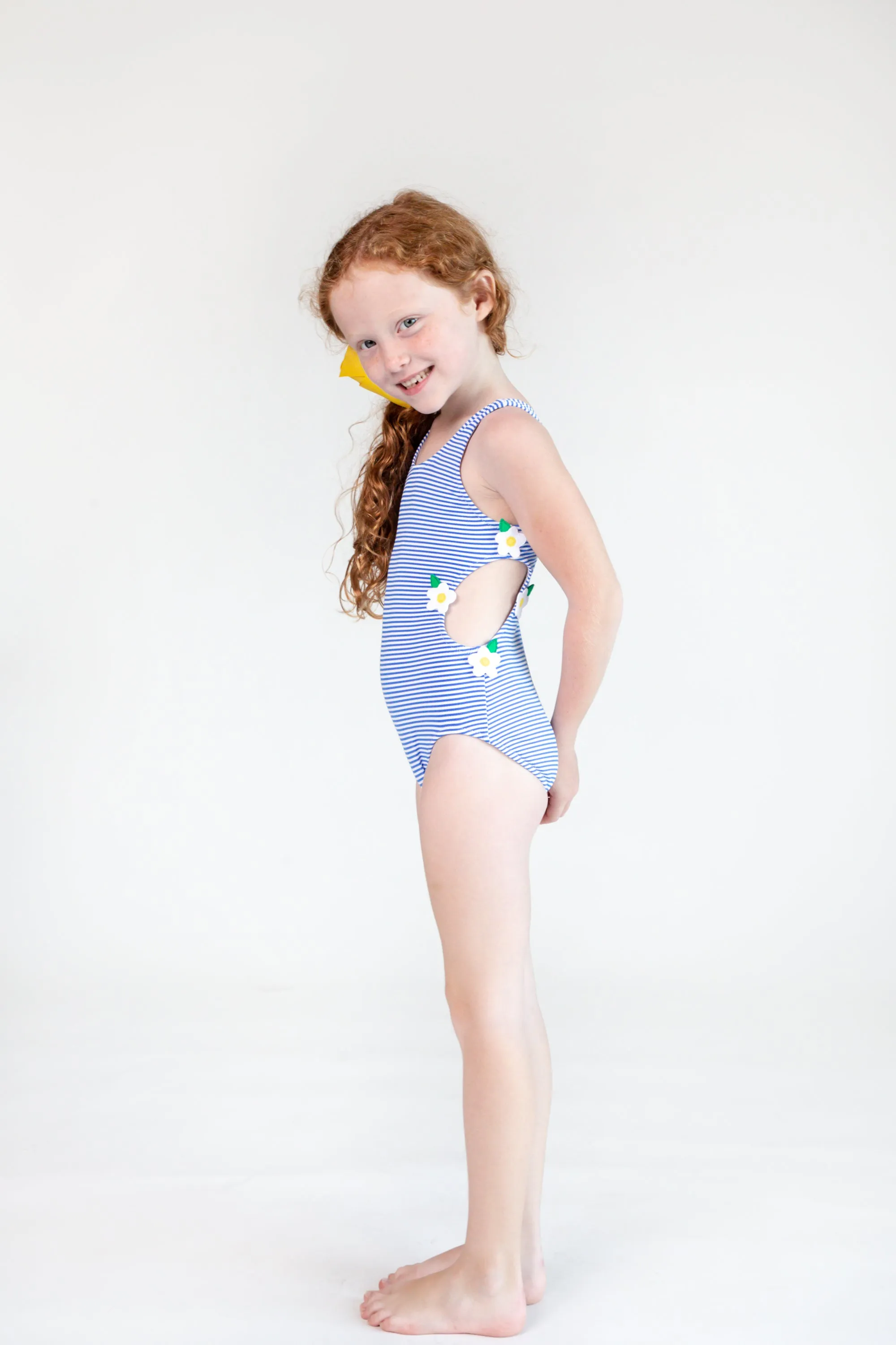 Blue Seersucker Swimsuit with Flowers