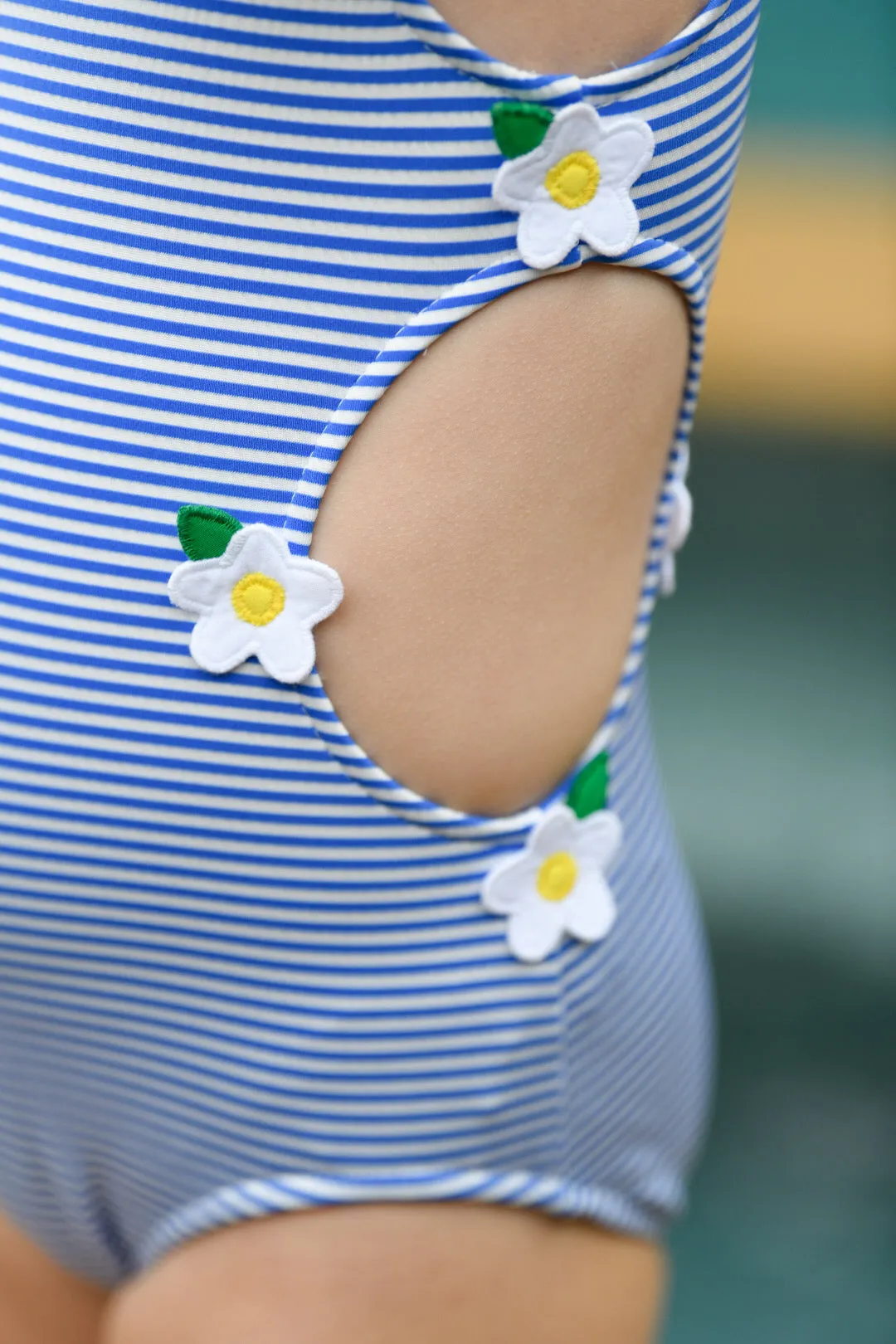Blue Seersucker Swimsuit with Flowers