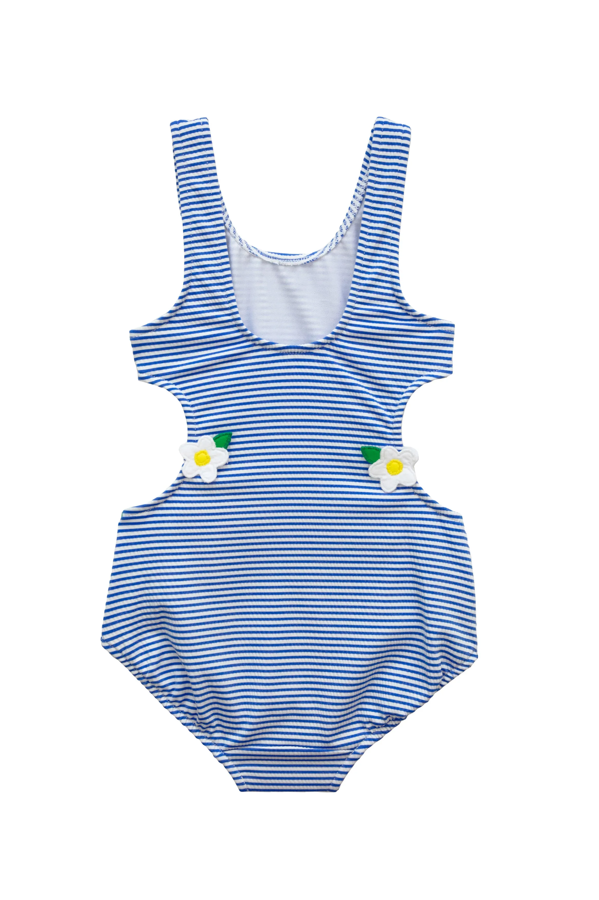 Blue Seersucker Swimsuit with Flowers