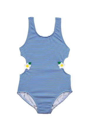 Blue Seersucker Swimsuit with Flowers