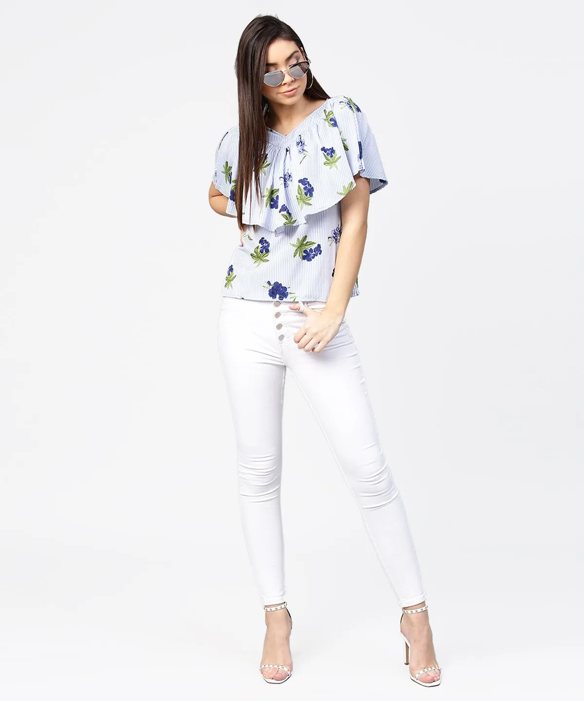 Blue striped cowl design V-neck crop tops