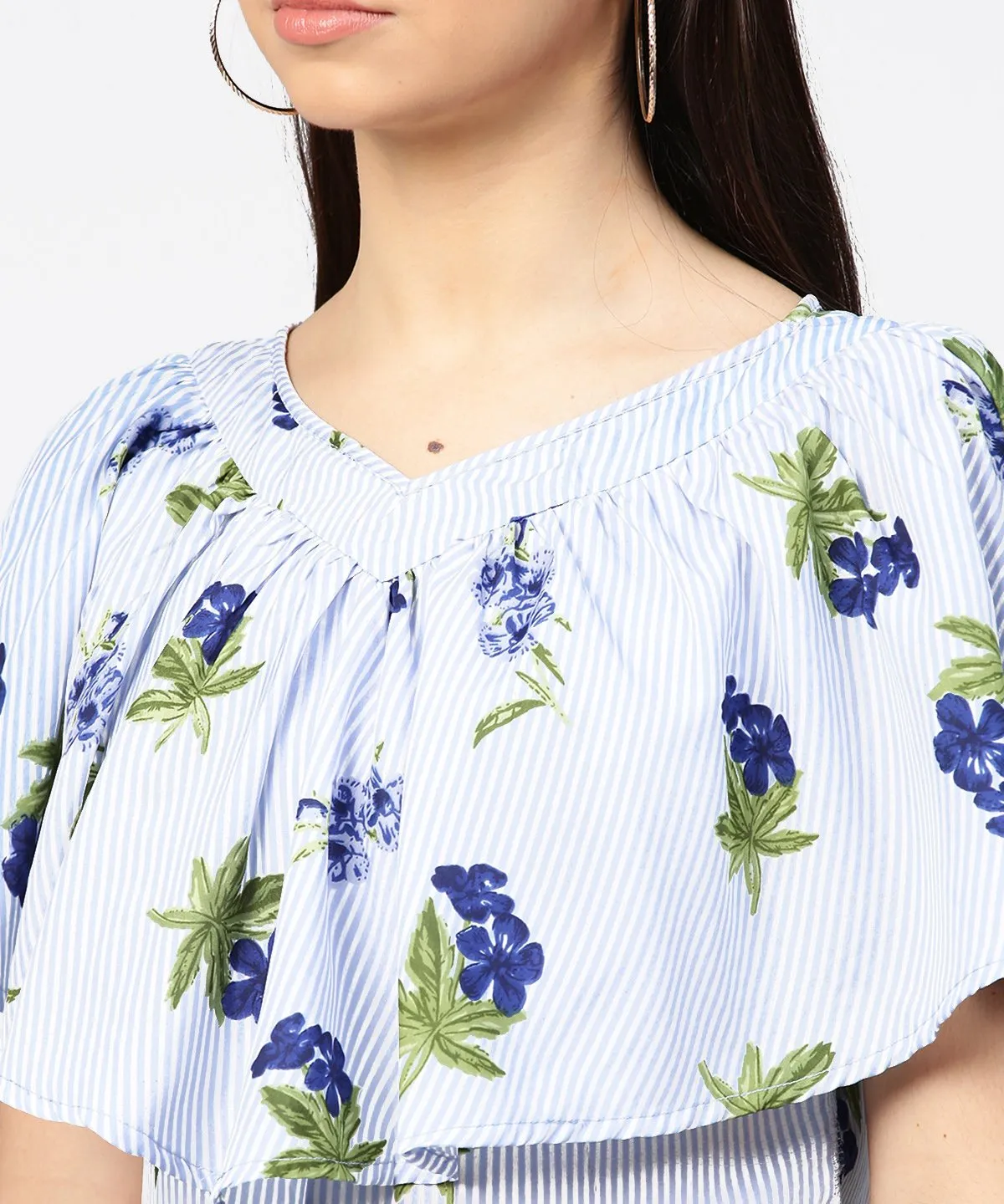Blue striped cowl design V-neck crop tops