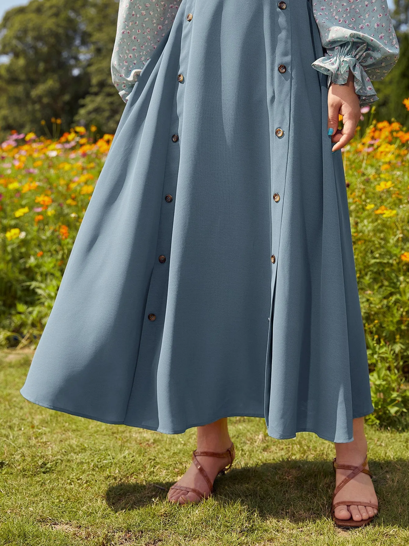 Boho Plain Double Button High Waist Maxi Women Skirt
