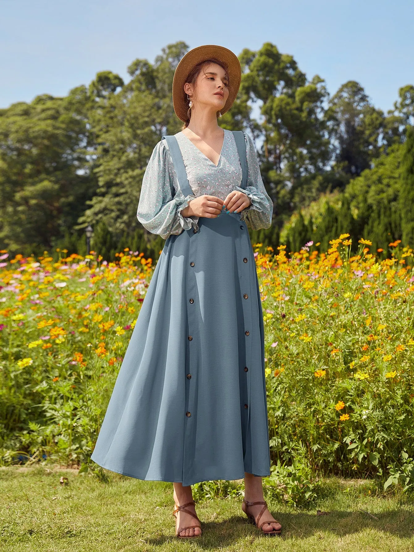 Boho Plain Double Button High Waist Maxi Women Skirt