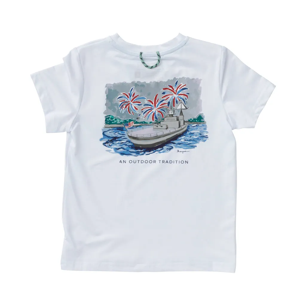 Boys Pro Performance Fishing Tee with Fireworks on Yorktown Art