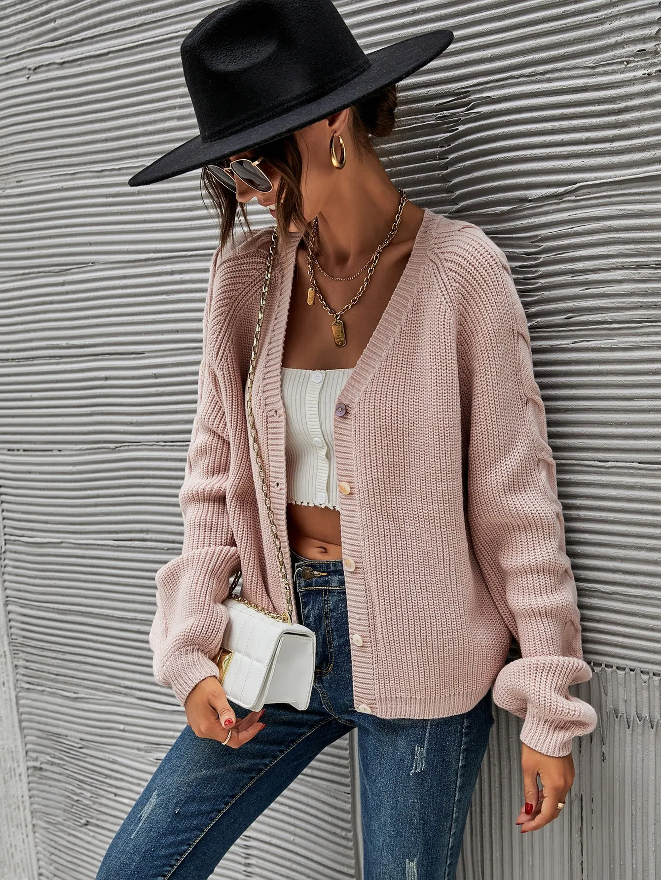 Casual Plain Button Front Long Sleeve V Neck Regular Women Cardigan