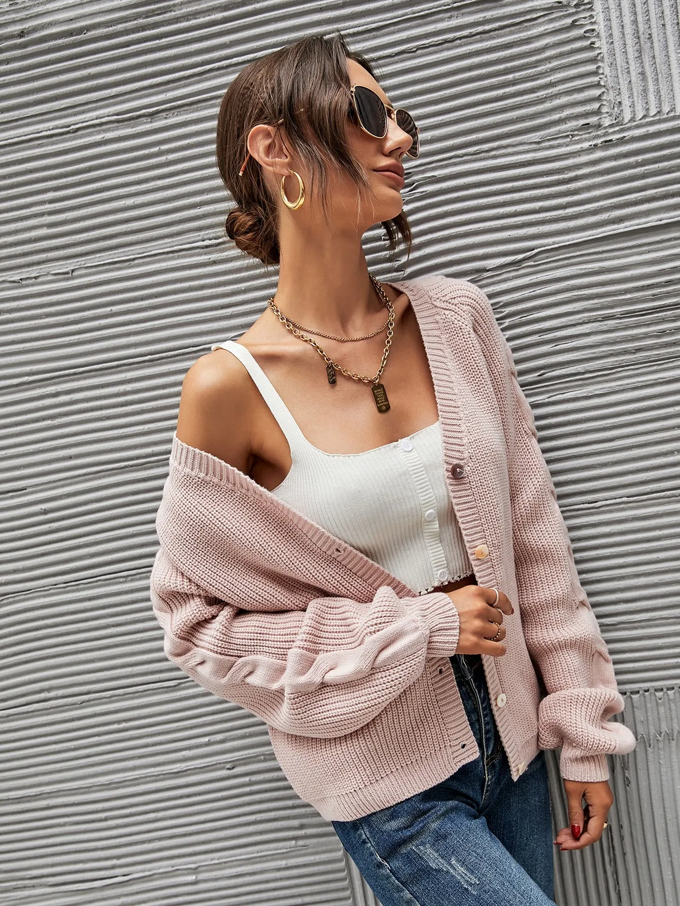 Casual Plain Button Front Long Sleeve V Neck Regular Women Cardigan