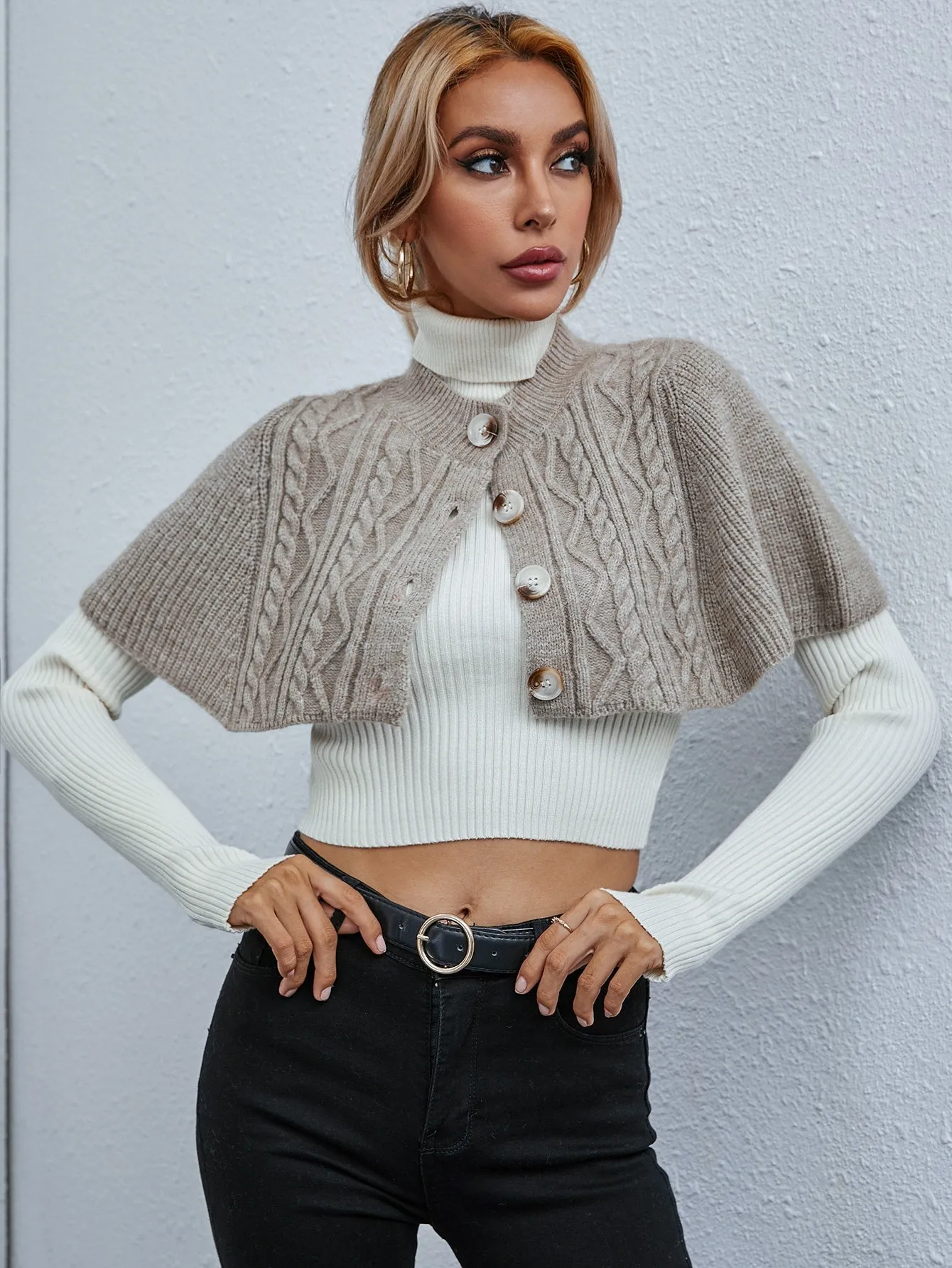 Casual Plain Button Front Short Sleeve Stand Collar Crop Women Cardigan