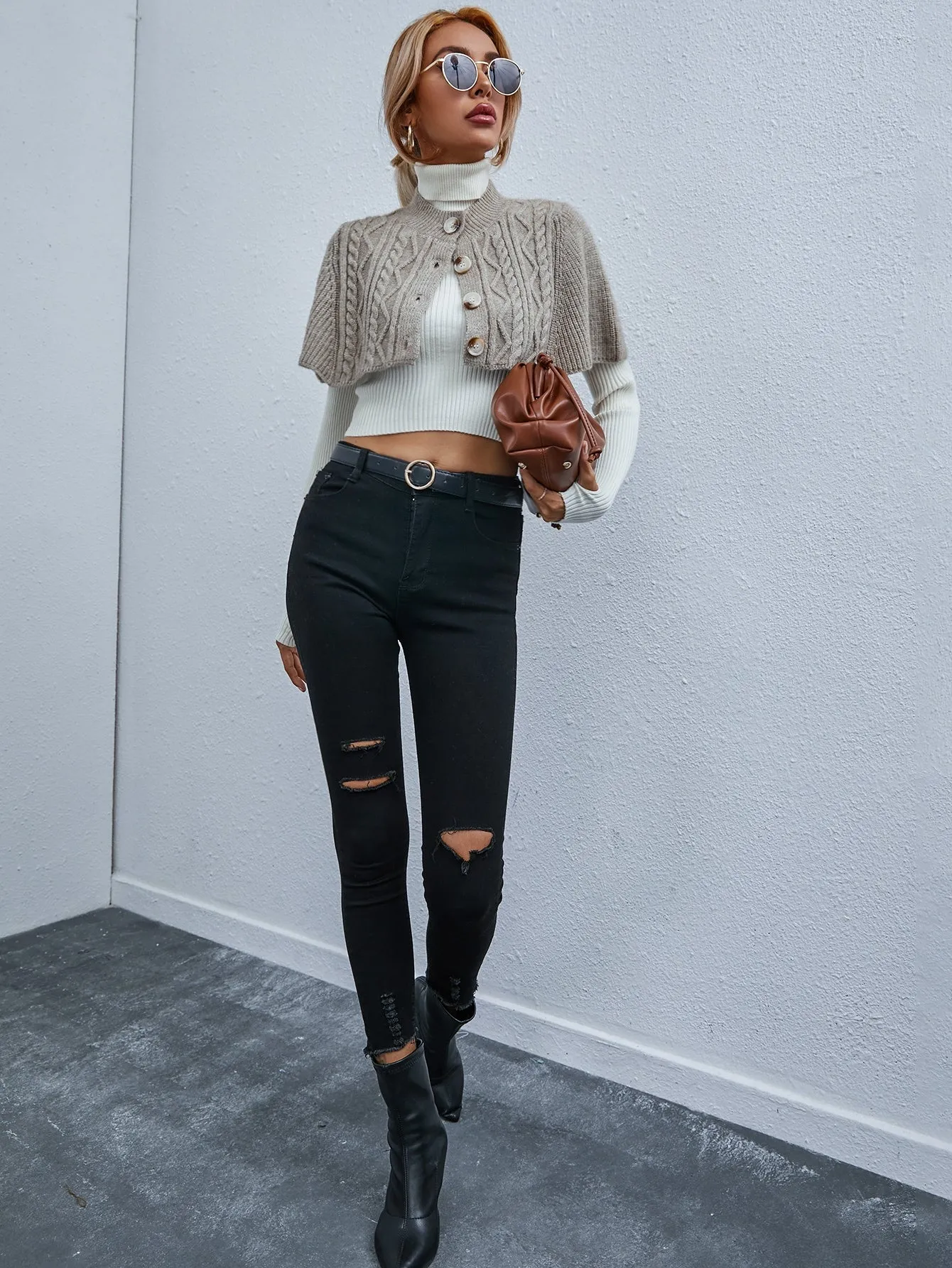 Casual Plain Button Front Short Sleeve Stand Collar Crop Women Cardigan