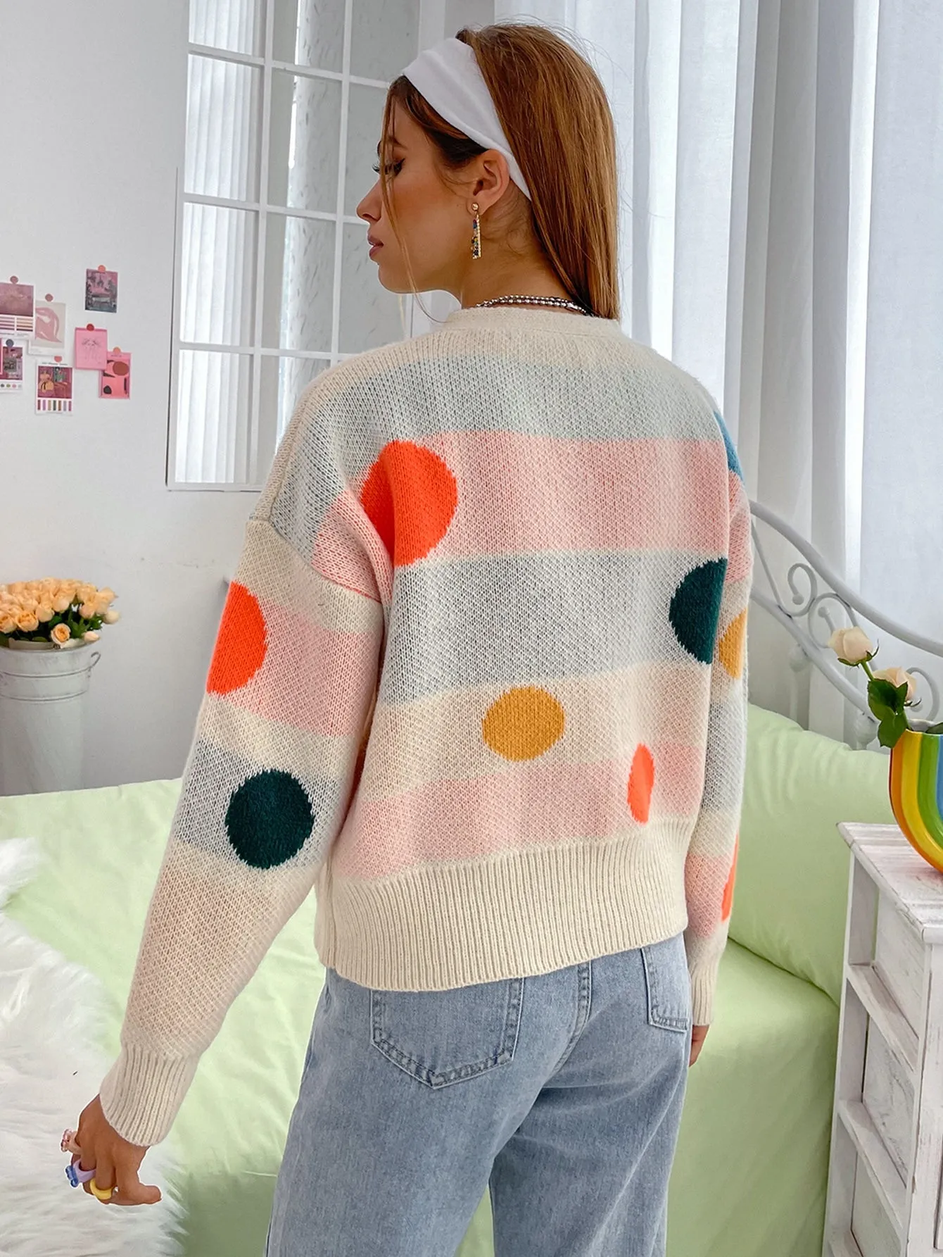 Casual Polka Dot Button Front Long Sleeve V Neck Regular Women Cardigan