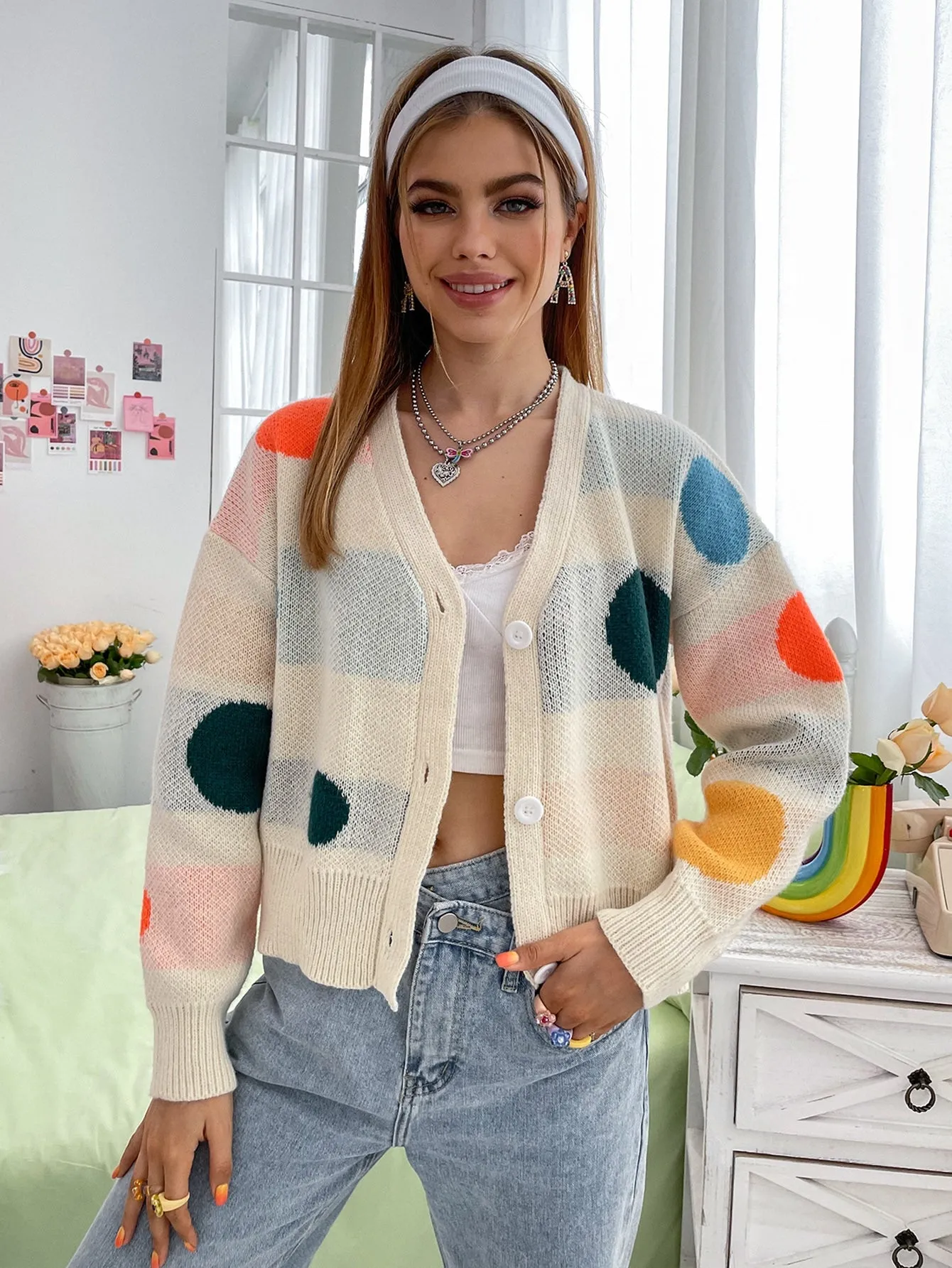 Casual Polka Dot Button Front Long Sleeve V Neck Regular Women Cardigan