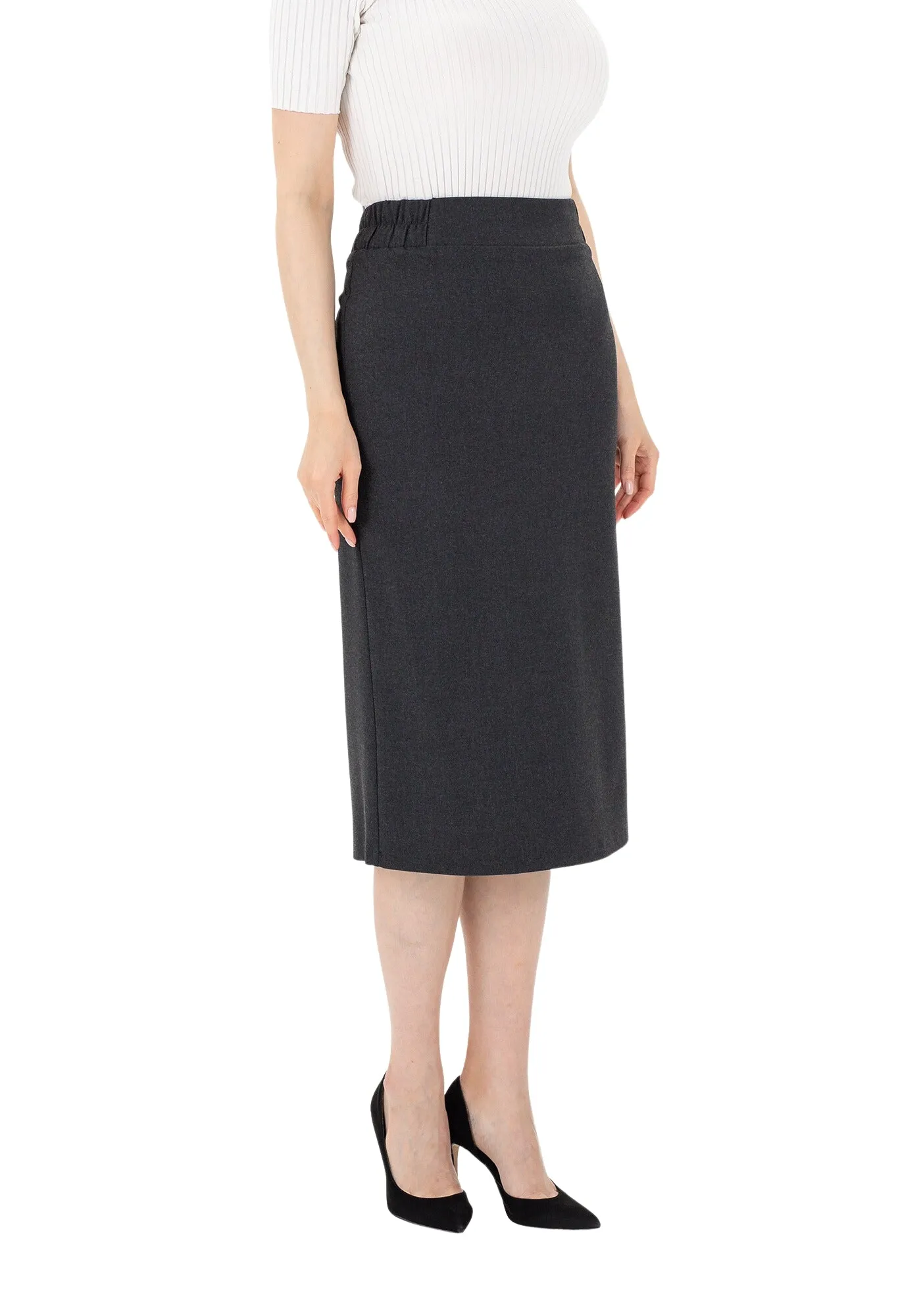 Charcoal Midi Pencil Skirt with Elastic Waist and Closed Back Vent