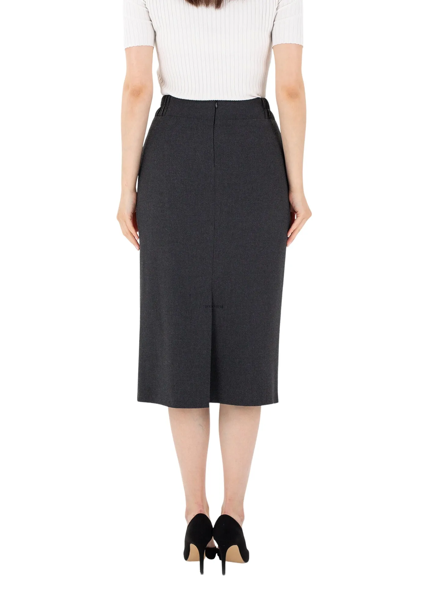 Charcoal Midi Pencil Skirt with Elastic Waist and Closed Back Vent