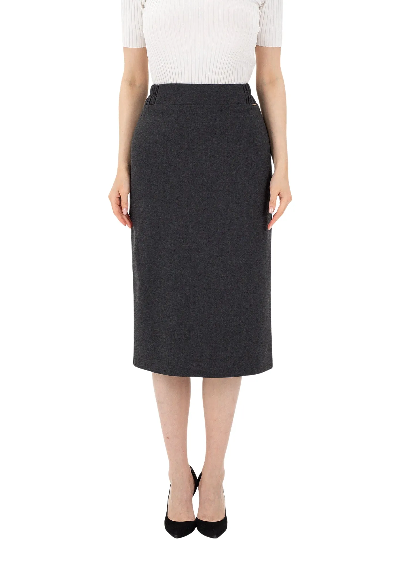 Charcoal Midi Pencil Skirt with Elastic Waist and Closed Back Vent