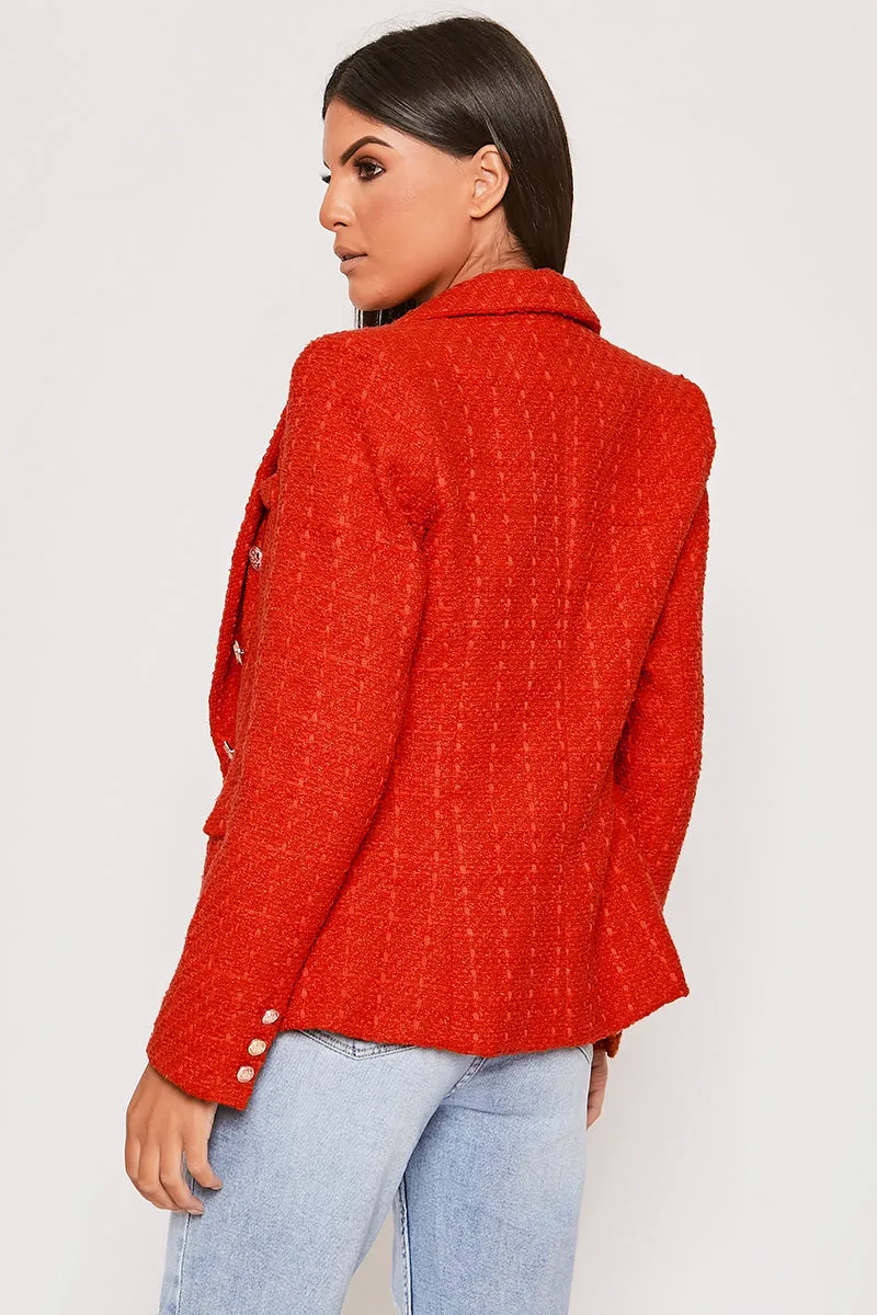 Clancy - Premium Red Contrast Knit Thread Gold Button Blazer