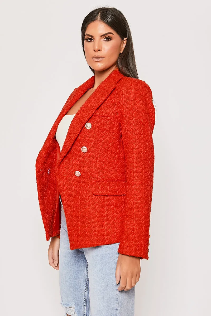 Clancy - Premium Red Contrast Knit Thread Gold Button Blazer