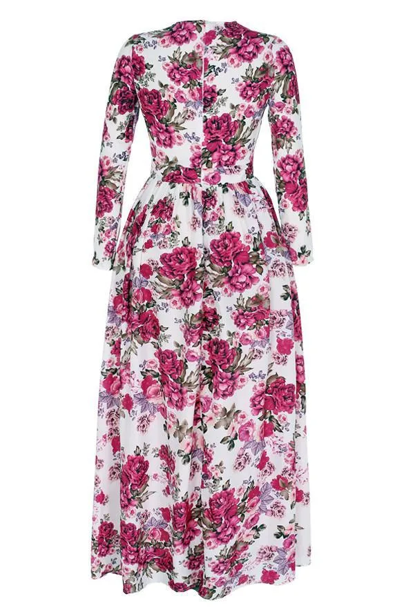 Clearance Women Casual Floral Printed Long Sleeve Long Dress