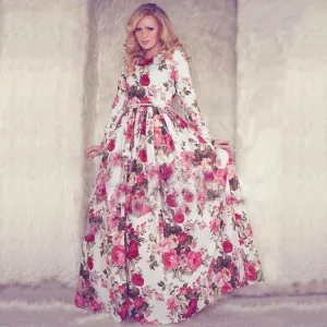 Clearance Women Casual Floral Printed Long Sleeve Long Dress