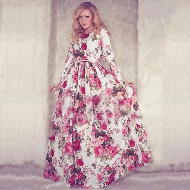 Clearance Women Casual Floral Printed Long Sleeve Long Dress