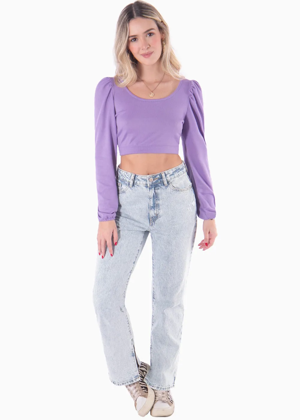 Crop top manga larga con recogido y mangas embombadas - MAUDE