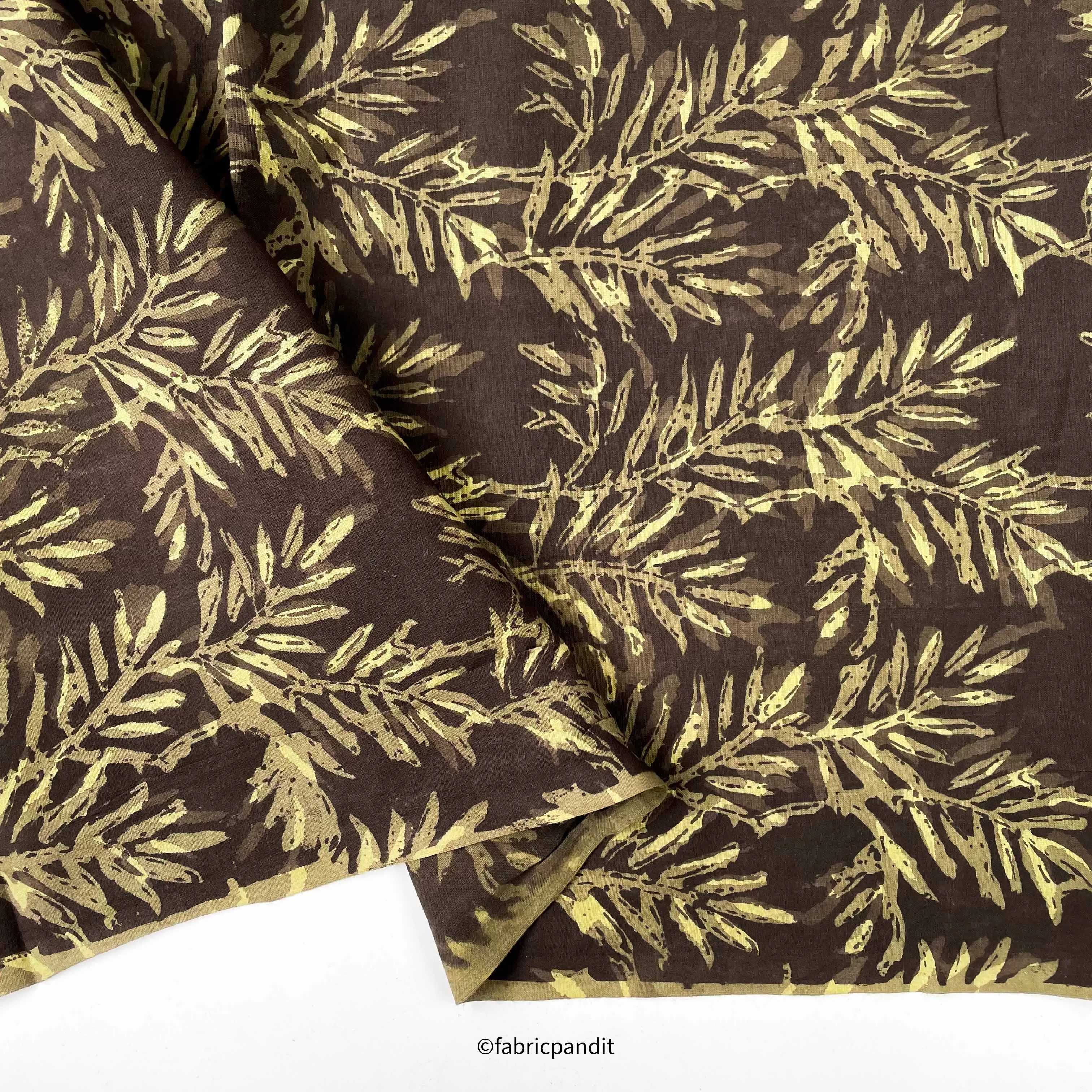 (CUT PIECE) Mud Brown and Green Forest Leaves Pure Ajrakh Natural Dyed Hand Block Printed Pure Cotton Fabric (Width 42 inches)
