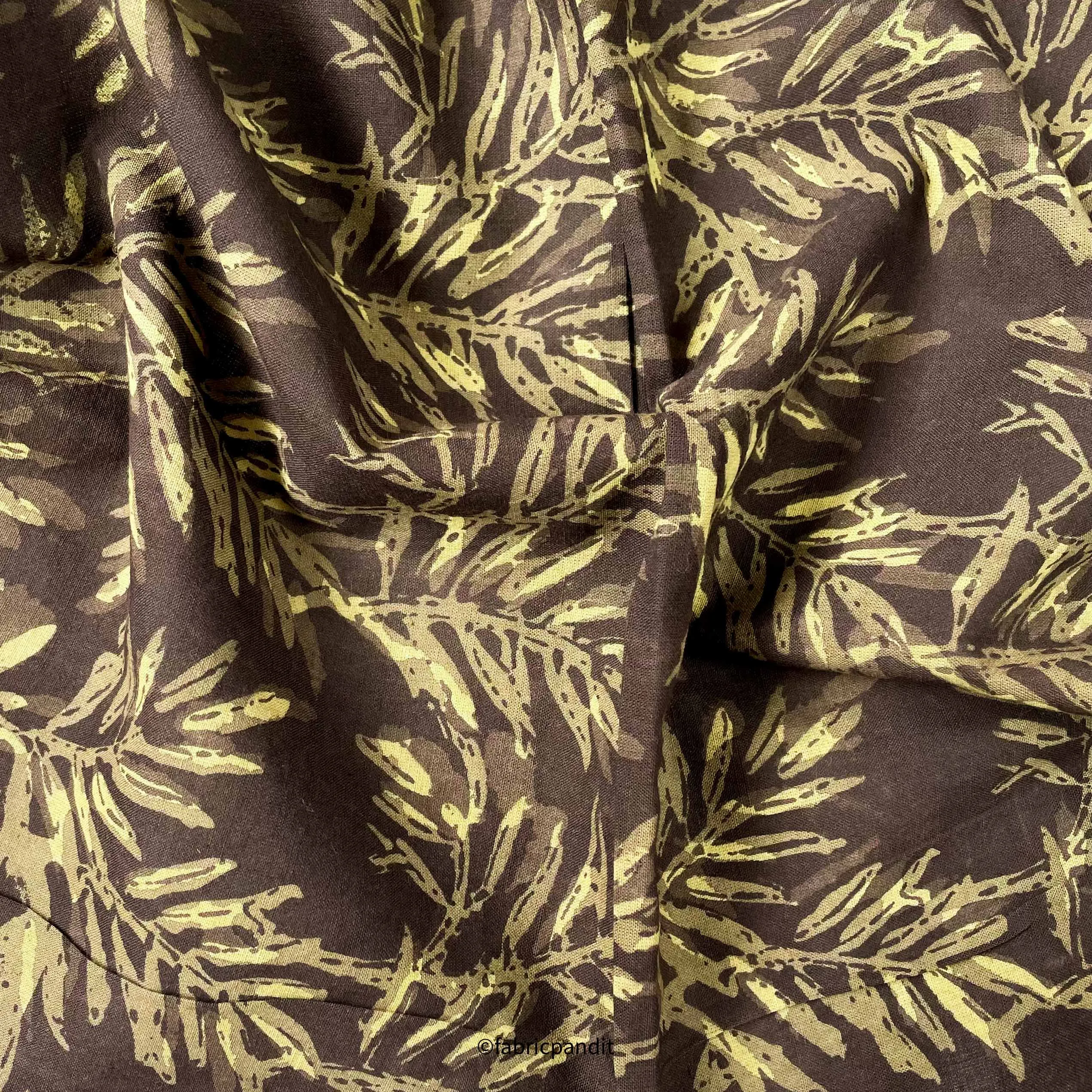 (CUT PIECE) Mud Brown and Green Forest Leaves Pure Ajrakh Natural Dyed Hand Block Printed Pure Cotton Fabric (Width 42 inches)