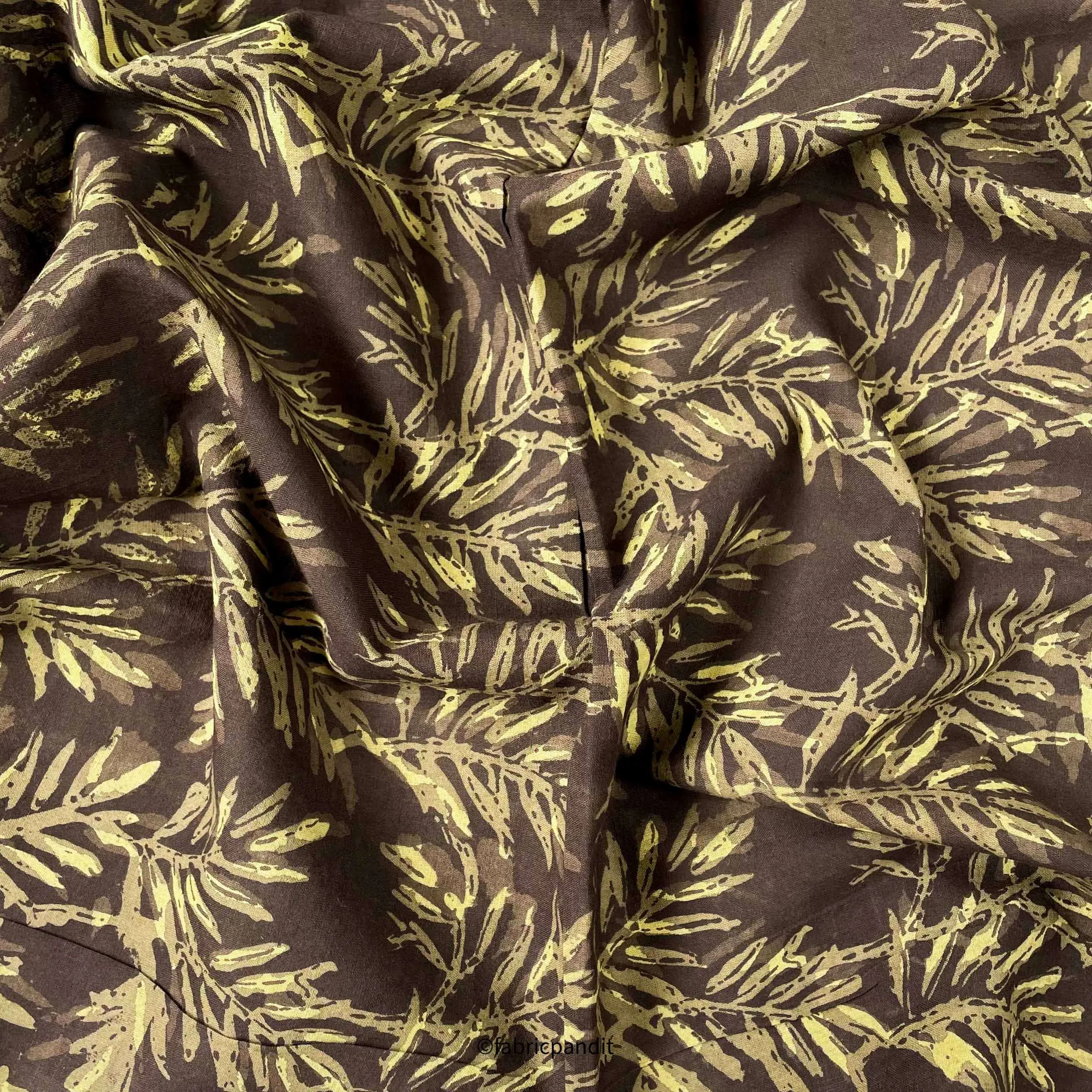 (CUT PIECE) Mud Brown and Green Forest Leaves Pure Ajrakh Natural Dyed Hand Block Printed Pure Cotton Fabric (Width 42 inches)